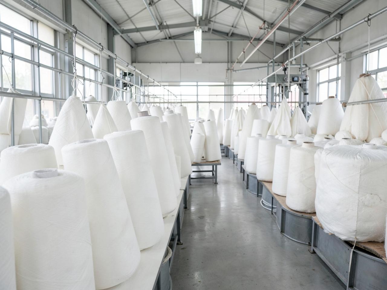 White cotton yarn cones in a modern spinning mill