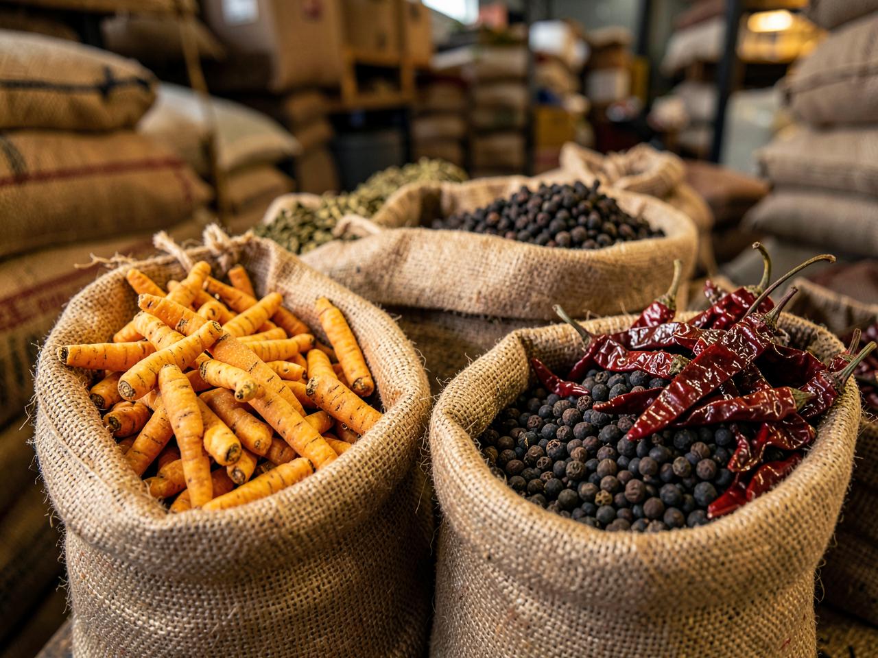 Turmeric, black pepper and dry chillies in burlap sacks